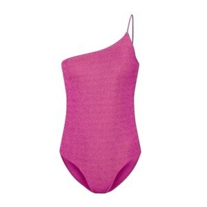 New! Good American‎ 90s One Shoulder Hawaiian Pink Sparkle One Piece Swim Suit